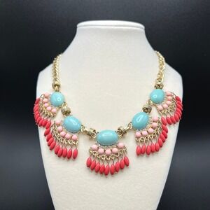 Fan Fringe Statement Necklace Turquoise Coral Pink Gold Tone Bib Boho Spring